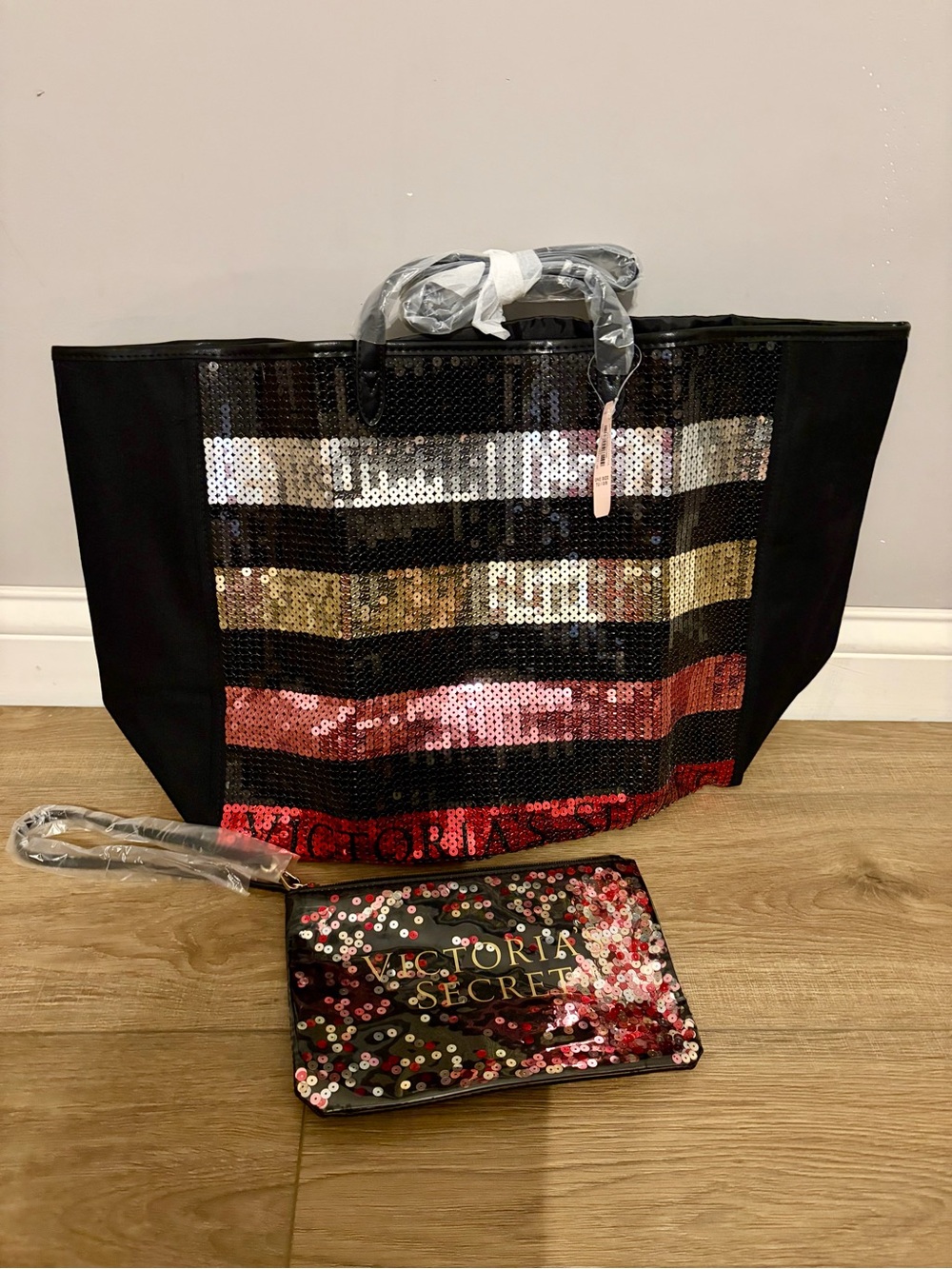 NEW Victoria's Secret Black Sequin Stripe Tote with Matching Pouch